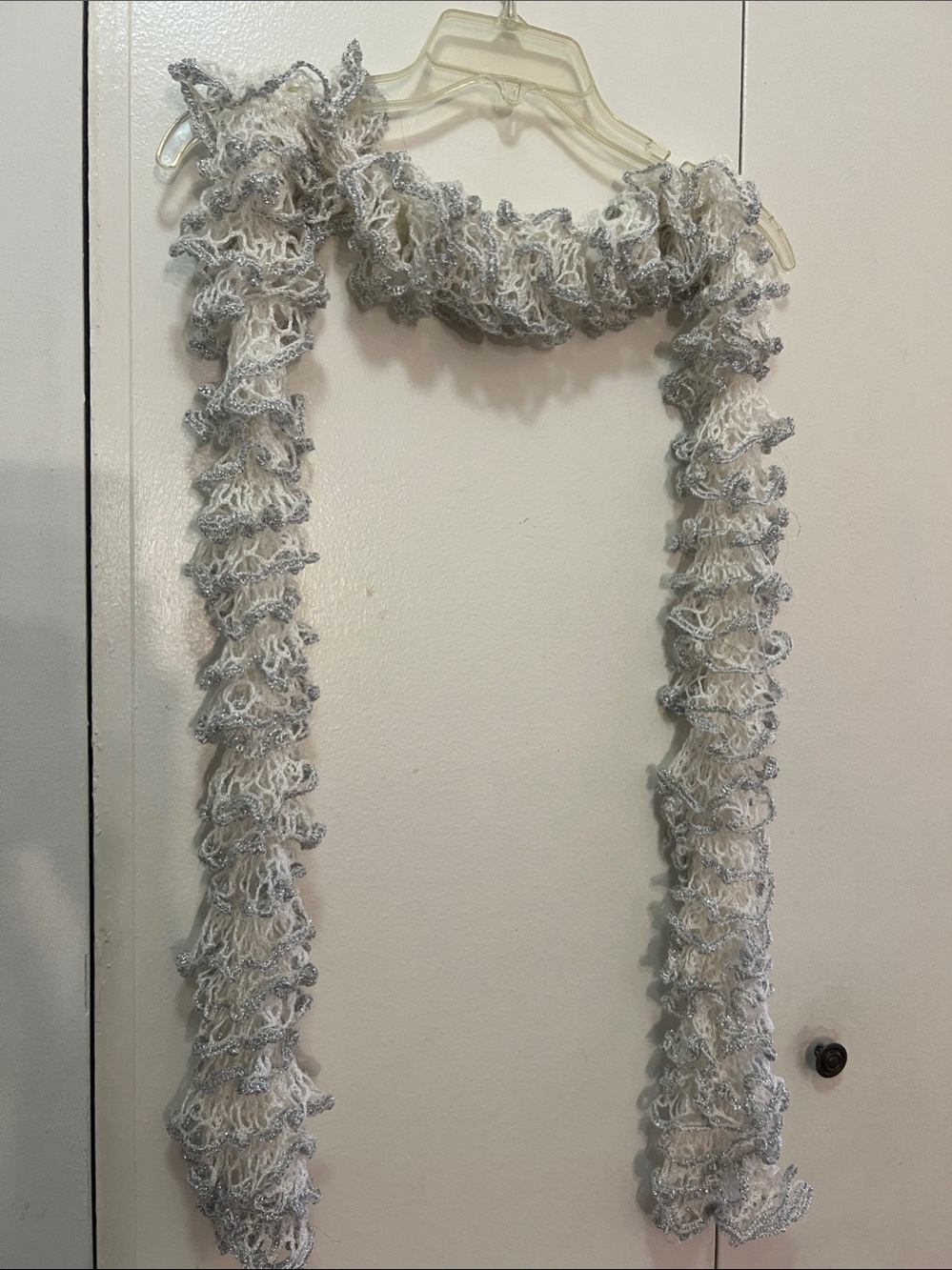 Light Gray Ruffled shiny Knit Scarf 77 inches